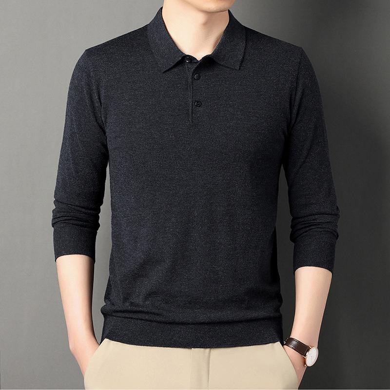 Men's Knitted Sweater for Autumn, Solid Color Polo Collar, 6% Wool Sweater, Casual Fashion Pullover Top, Trendy Base Layer for Men