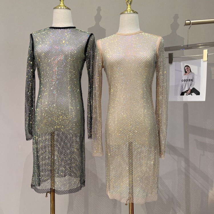 Spring New Sparkling Color Diamond Hollow-out See-through Evening Dress Sexy Round Neck dress Slim-fit Spring New Sparkling Color Diamond Hollow-out See-through Evening Dress Sexy Round Neck dress Slim-fit