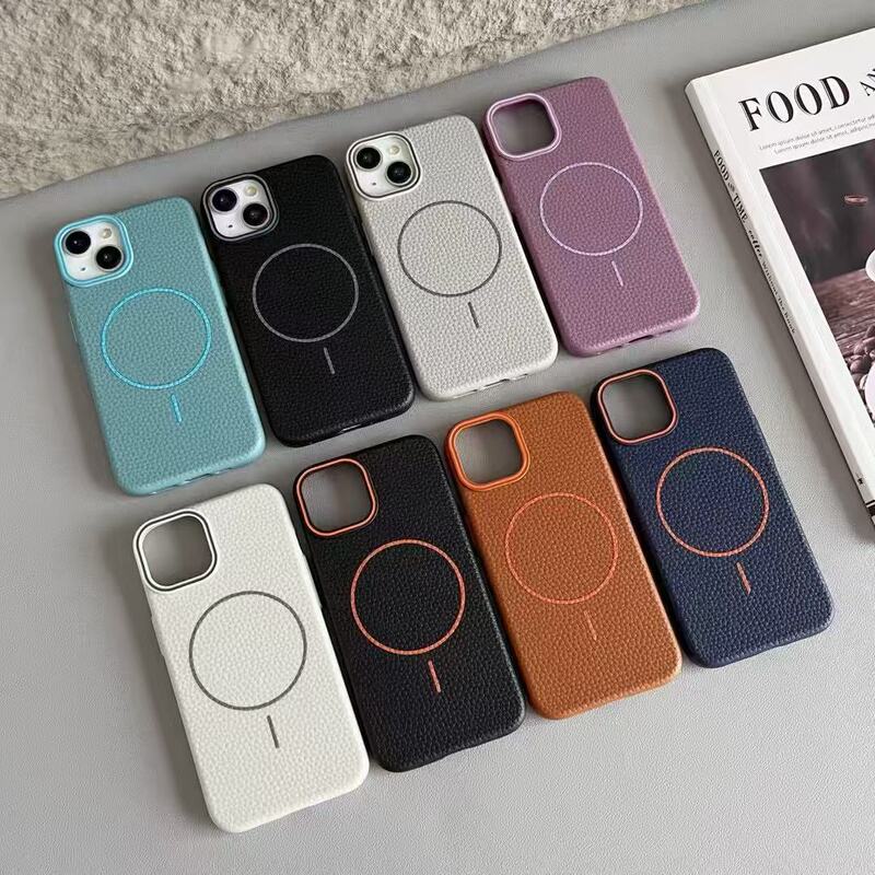 Spot High-End Two-Color Frame Pure Color Official Plain Leather Pebbled Fine Circle Magnetic Mobile Phone Case with Box Packaging