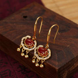 S925银红玛瑙宫廷风祥云平安锁耳勾国潮长命锁耳饰小众高级设计感