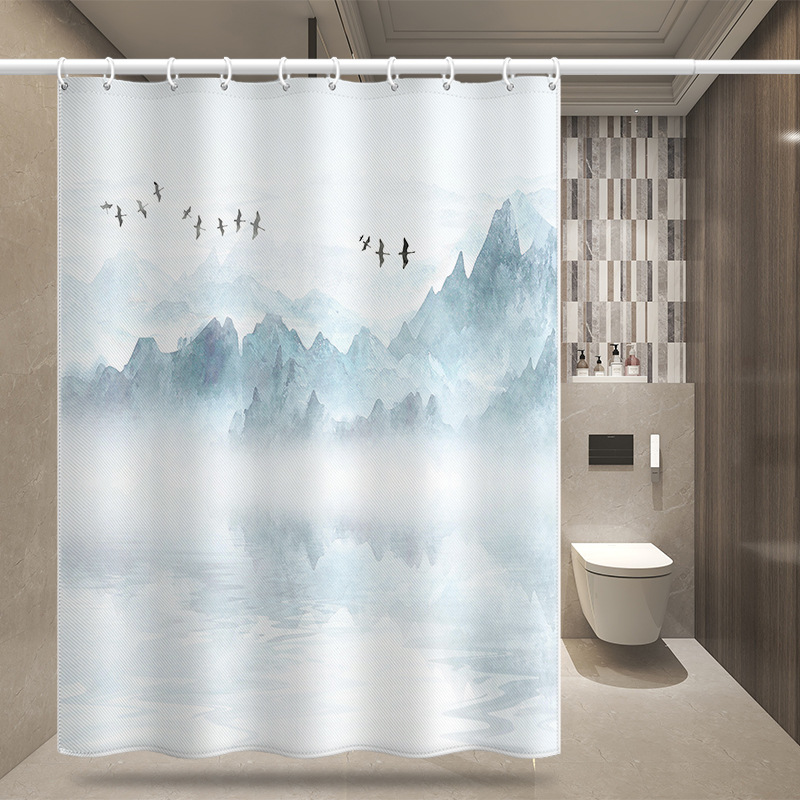 New Chinese Zen-style Curtains, No-drill Installation, Door Partition Shower Short Curtain, Digital Print With Landscape_voghion.com