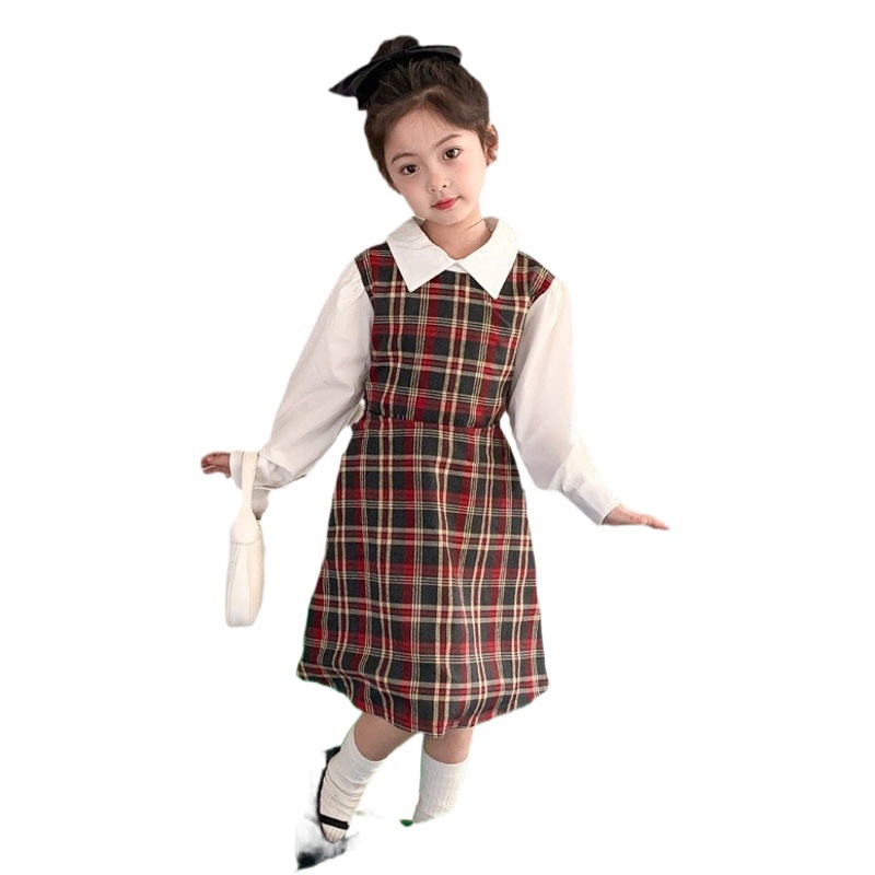 Vestido DE LOS NIÑOS 2024 primavera nuevas niñas vestido de camisa a cuadros sin espalda Medio y grandes niños niñas estilo universitario vestido falda