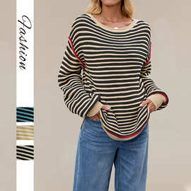 2025新款跨境热卖秋冬欧美女装条纹针织上衣圆领套头宽松长袖毛衣