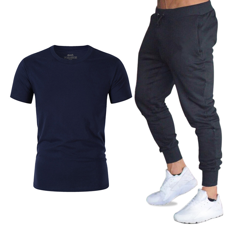 Traje de verano, ropa deportiva, conjunto de dos piezas de camiseta holgada de manga corta y pantalones largos para hombre, camiseta Gildan deportiva de moda