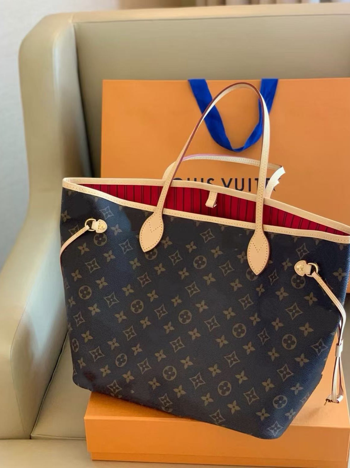 L'Orbain's classic Neverfull medium-sized tote bag, large-capacity shopping bag, shoulder bag, mother-and-daughter bag