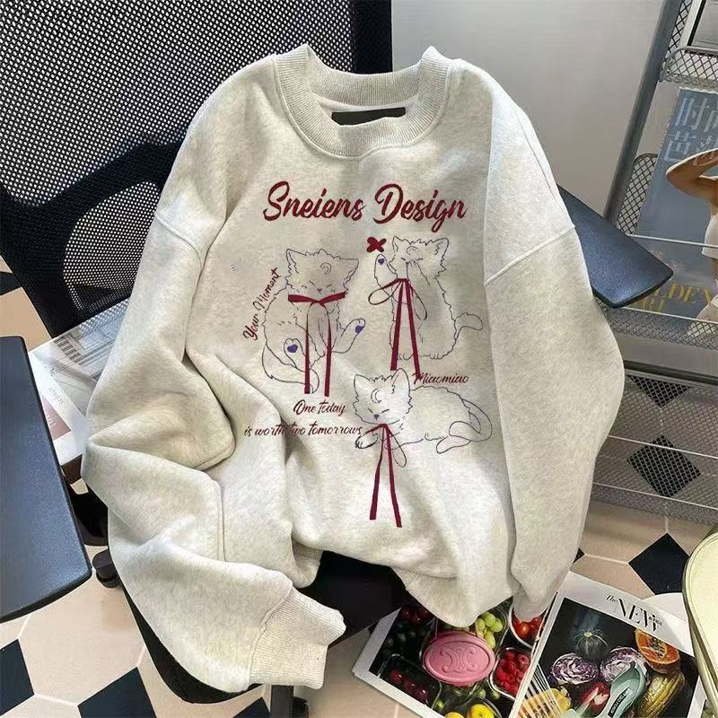 Japanese-Style Bow Cat Print Hooded Sweatshirt for Women Autumn and Winter Loose Couple Versatile Top Trendy