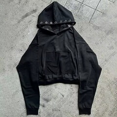 欧美跨境长袖套头连帽衫卫衣暗黑复古朋克纯色打孔装饰y2k外套