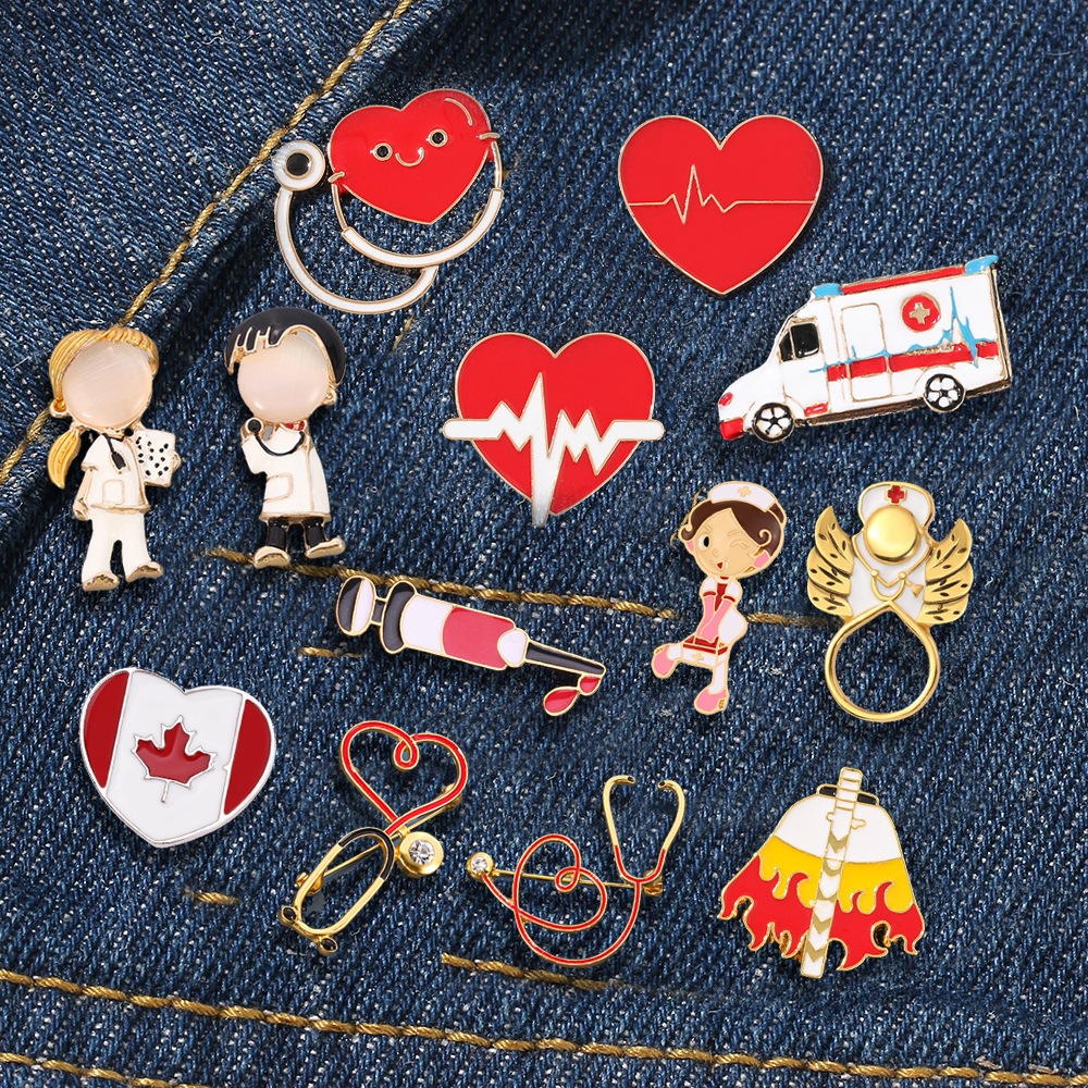 Europeo y americano joyería serie médica metal esmalte broche estetoscopio ECG masculino y femenino doctor enfermera insignia