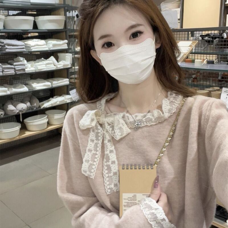 Sweet Lace Bow-Knot Bottoming Shirt for Women, New Spring and Autumn Style, Gentle Korean Style, Slim Fit, Long-Sleeved Top
