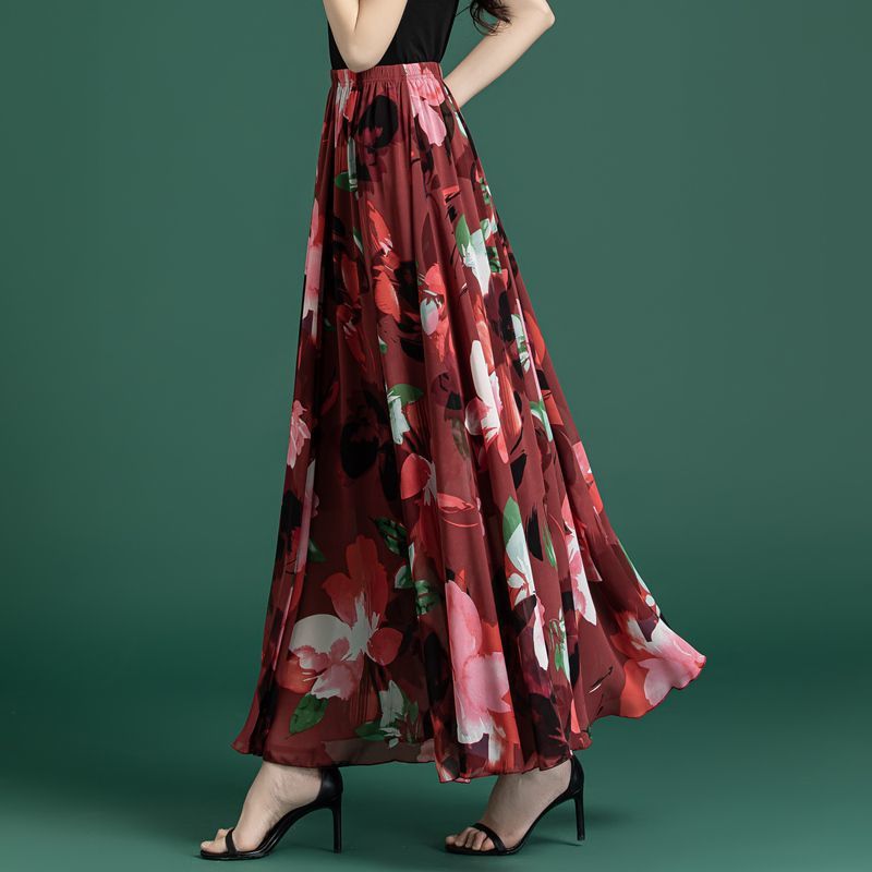 Dancing retro summer red shiffon long skirt
