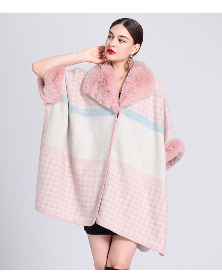 Mantella a quadri con colletto in lana, cardigan lavorato a maglia jacquard largo, cappotto di lana di grandi dimensioni per donna_voghion.com