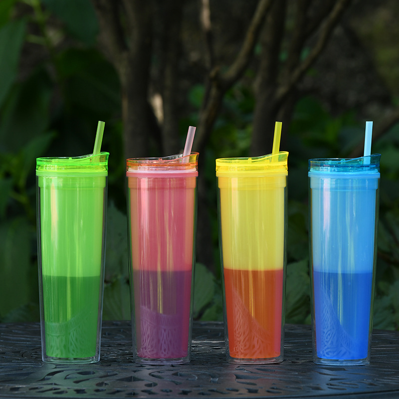 Factory Wholesale Double-layer Plastic Cup Gift Cup Creative Temperature Gradient Color Drink Straw Discoloration Cup Can Be Set display picture 2