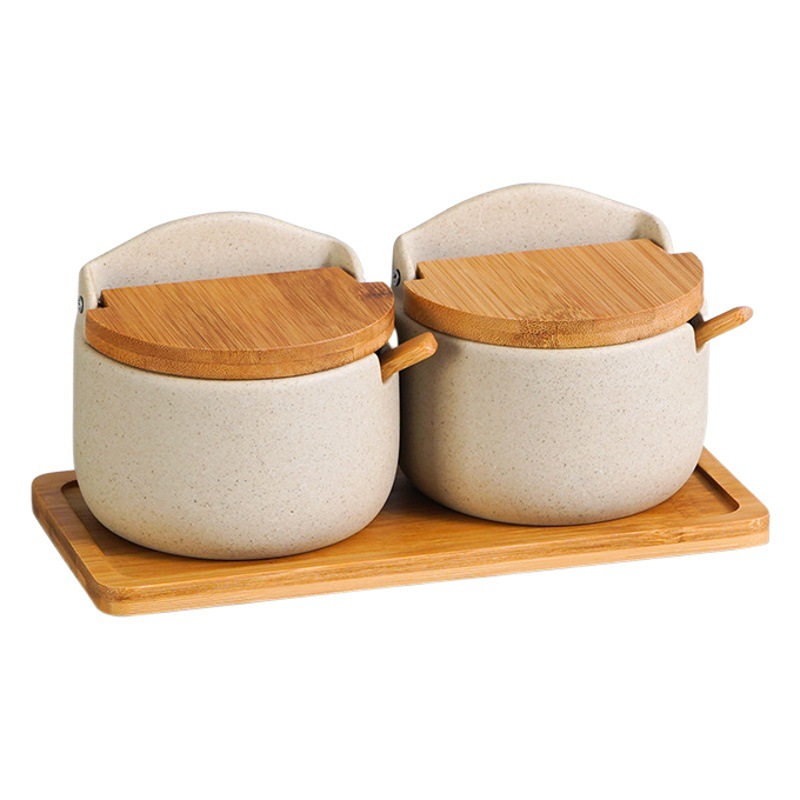 Venta al por mayor de estilo japonés creativo simple salud cerámica condimento tarro cocina condimento caja a prueba de humedad azúcar y sal tarro conjunto de tres piezas