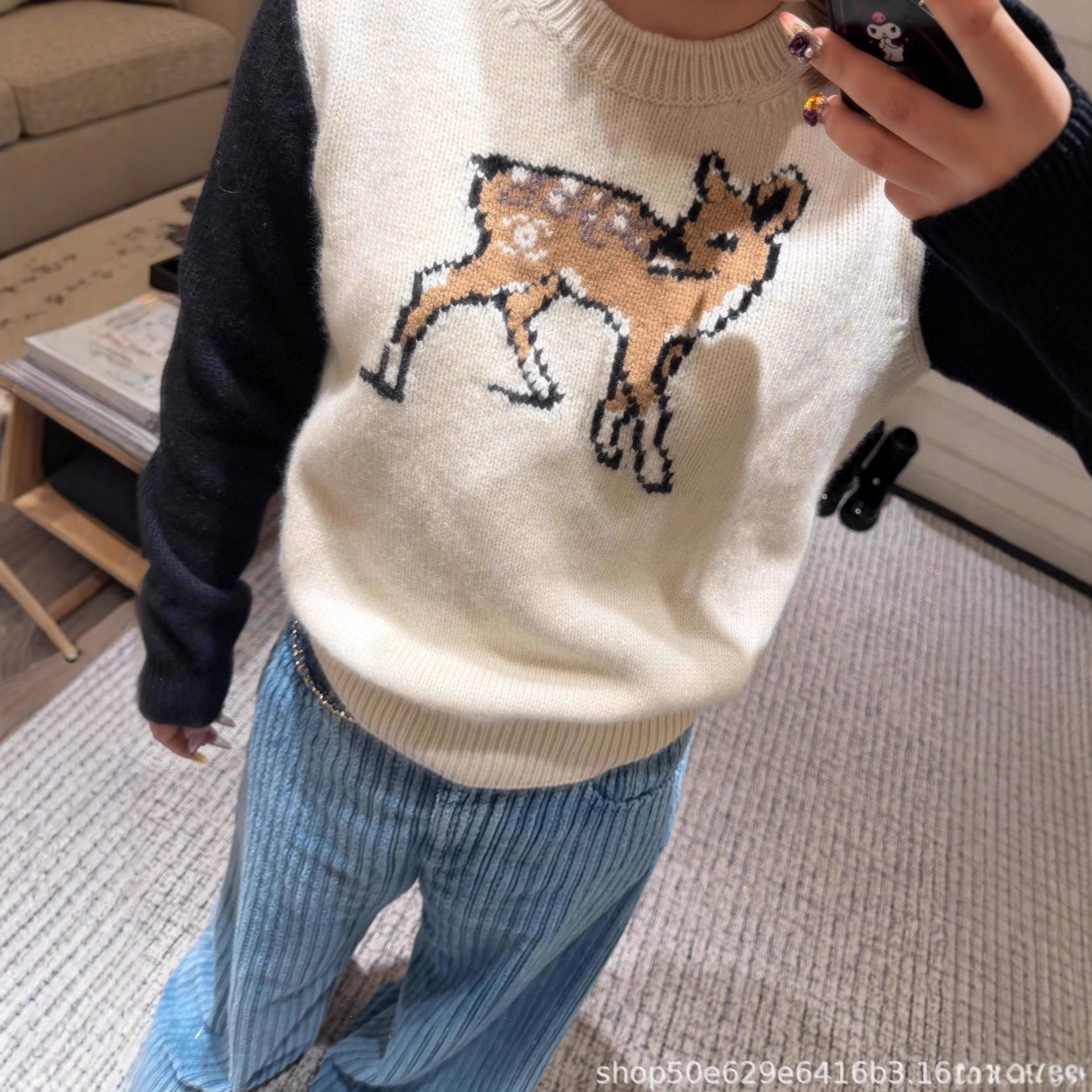 高品质2025年秋冬新款小香风拼色立体小鹿减龄休闲圆领套头针织衫