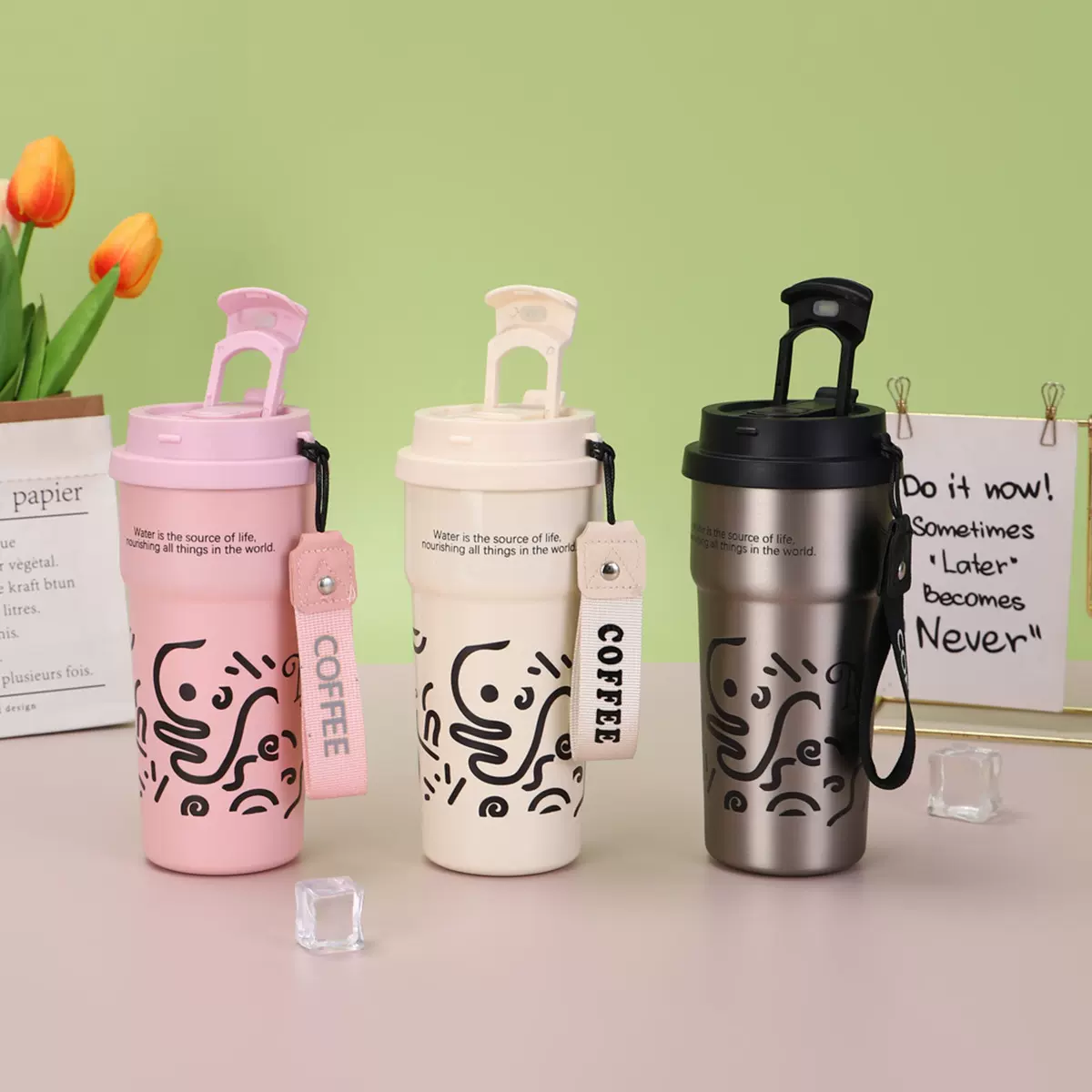 跨境316不锈钢保温杯创意高颜值双饮咖啡杯户外便携带提绳学生杯