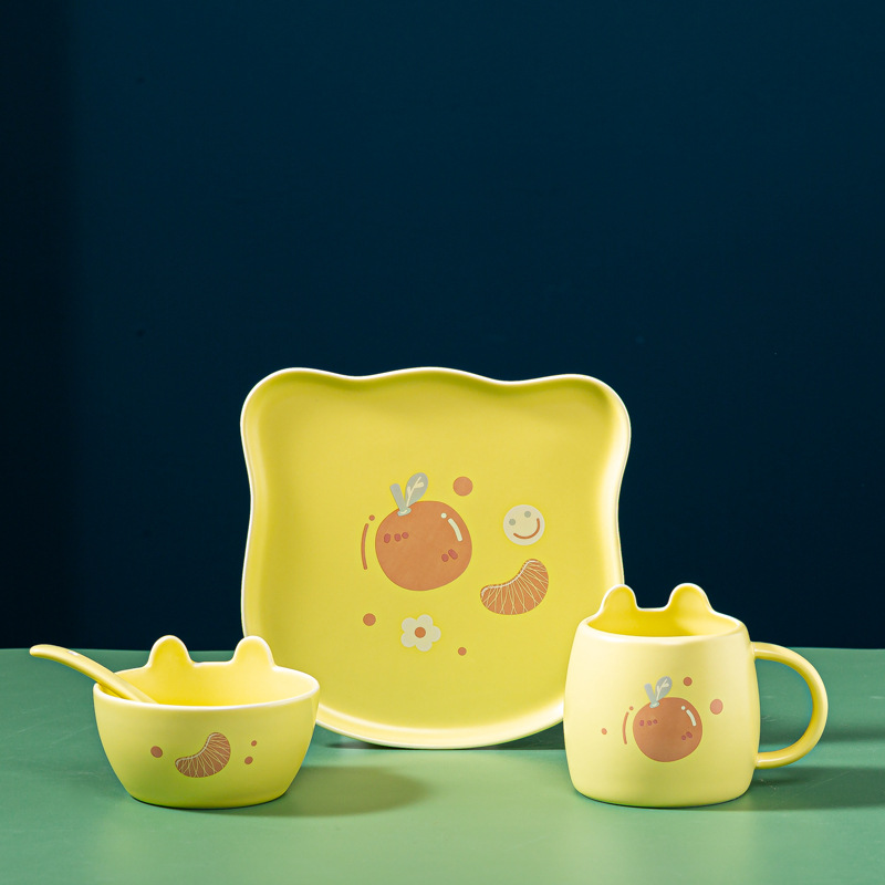 Juego de 4 piezas de vajilla de cerámica con diseño de frutas - Para niños y bebés - Apto para horno - Incluye platos y tazón de sopa