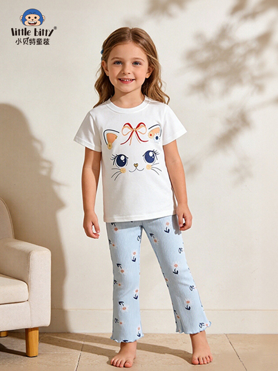 Cross-Border Supply 26 Years of Experience in Spring and Summer Children's Short-Sleeve and Long-Pants Sets, Sweet and Cute Cartoon Animal Round-Neck Printed Designs in Stock