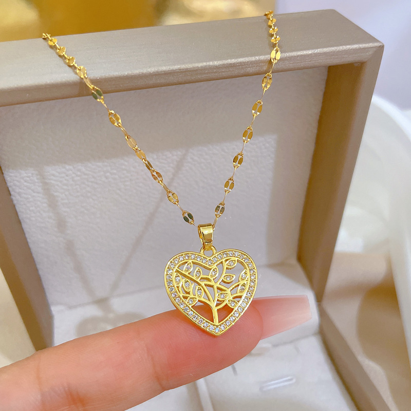 Sweet Heart Shape Stainless Steel Copper Inlay Zircon Pendant Necklace 1 Piece