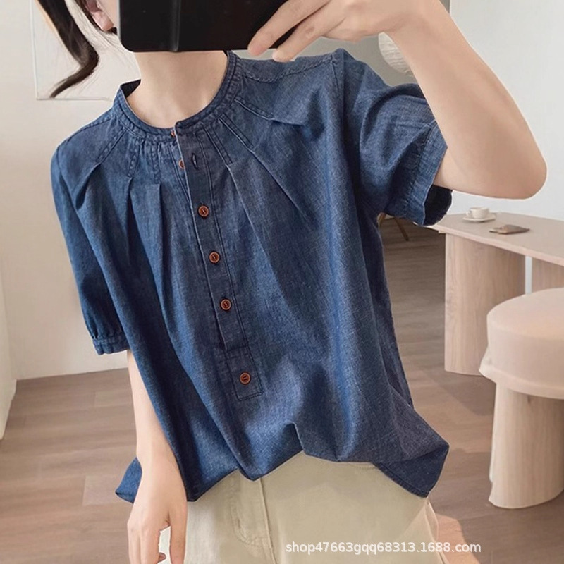 Round Neck Short-Sleeved Retro Popular Women's Versatile Washed Denim Shirt Comfortable Spring and Summer New Loose Slimming Top Round Neck Short-Sleeved Retro Popular Women's Versatile Washed Denim Shirt Comfortable Spring and Summer New Loose Slimming Top