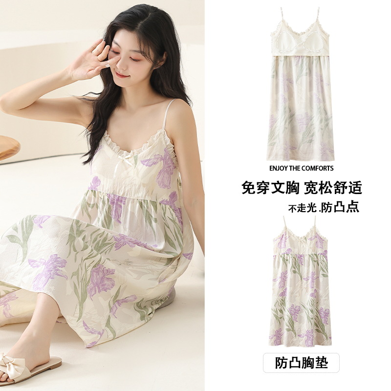 Pijamas de verano de mujeres 2025, nuevo dulce puro deseo de viento, vestido de cabina sexy, pijama con cojín de pecho en una sola falda de base
