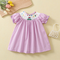 Summer New Girls' Dress Purple Plaid Dress Cartoon Embroidery Frills Princess Dress Cotton Birthday Gown Skirt