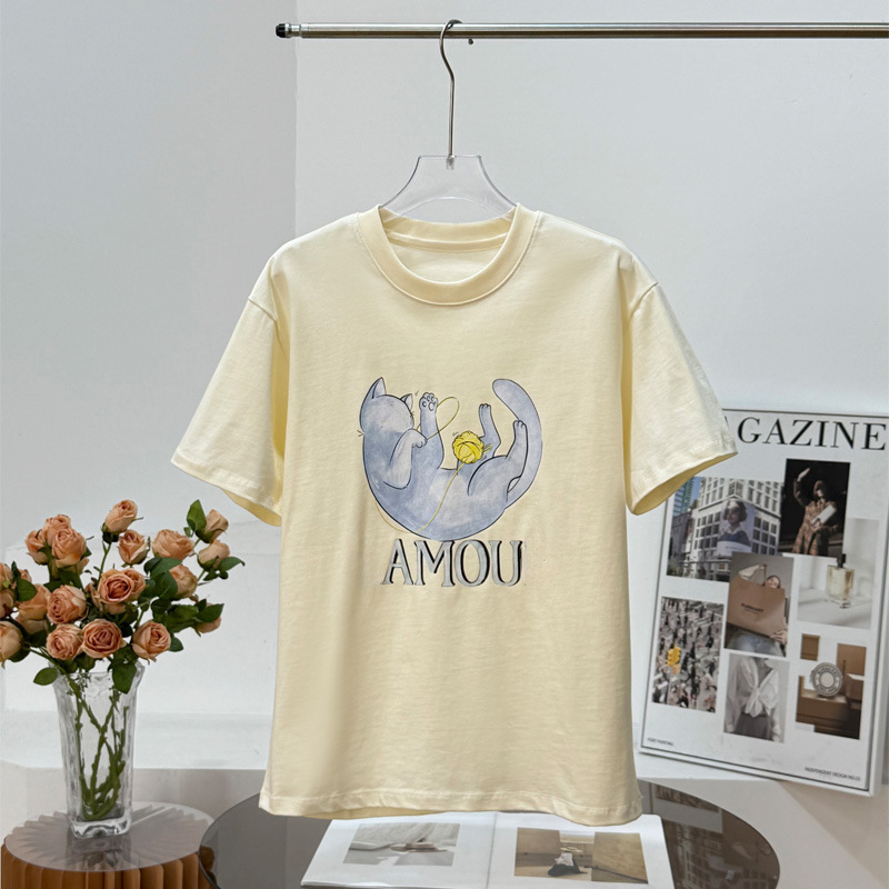 MC25 新しい夏スタイルのかわいいウールの子猫プリント T シャツ、ファッショナブルで多用途、涼しいコットンのルーズ半袖|undefined