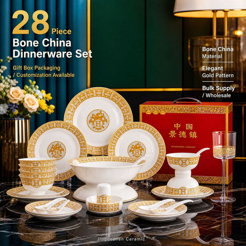 Dish Set Tableware Jingdezhen Dishes Wholesale Tableware Set Bone China Bowls and Plates Gifts 28 Heads 56 Heads for Home Use
