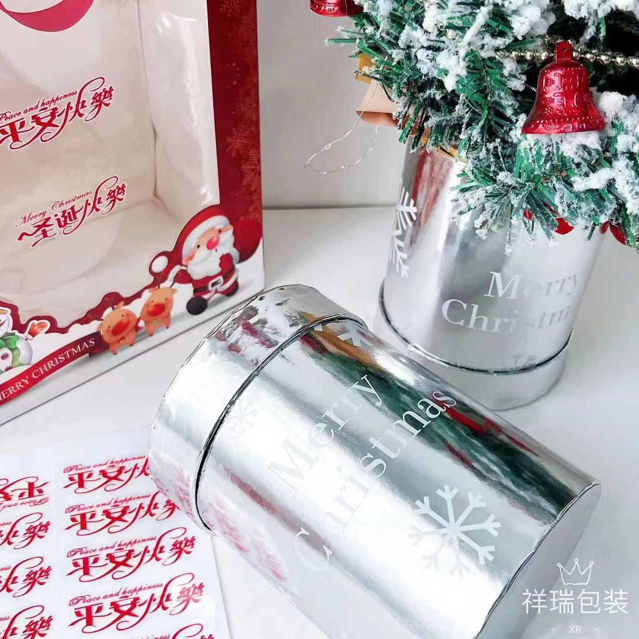 Navidad copo de nieve abrazo cubo plata brillante superficie avanzada caja de regalo de Navidad cubo de regalo de Navidad bolsa de árbol de Navidad