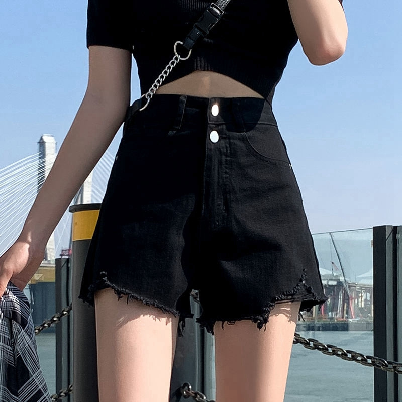 2025 년 여름 새 한국식 하이 허리 데님 반바지 여성용 루즈 찢어진 A 자형 모피 가장자리 슬리밍 와이드 레그 핫 팬츠 A