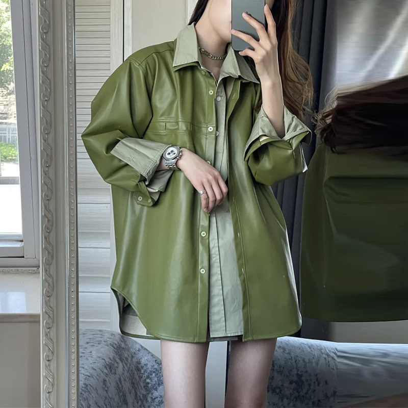 Temperament Korean Style Suit Women's Spring and Autum Long-Sleeved Thin Shirt Loose Pure Color Avocado Green Pu Jacket Two-Piece Set