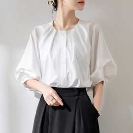 韩版法式复古泡泡袖白色衬衫女春夏设计感小众衬衣港风中袖