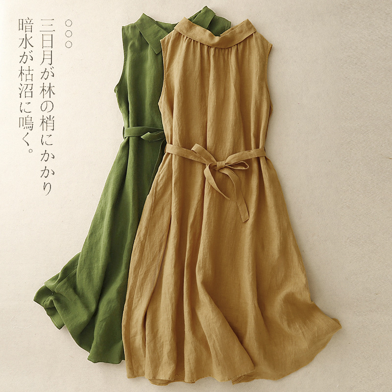 2025 New Summer Style Artistic Loose Slimming Lace-Up Mid-Length Sleeveless Shirt Dress for Women