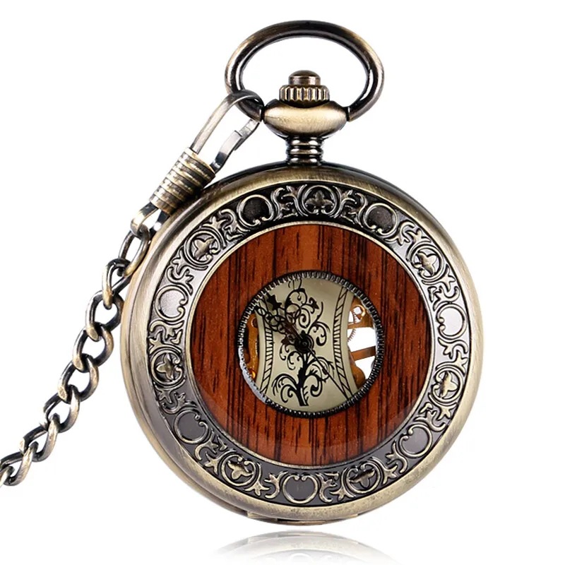 Retro Luxury Wood Grain Circle Large Pocket Watch Retro Roman Numerals Manual Mechanical Pocket Watch Foreign Trade Hot Sale