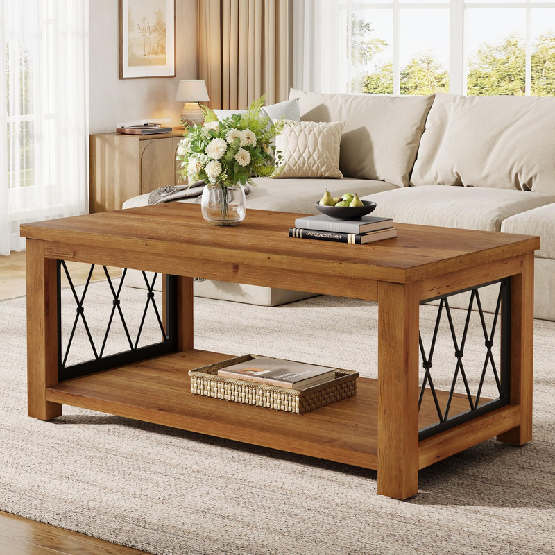 Factory Hot-Selling Solid Wood Coffee Table, Double-Layer Storage Design, Farmhouse Style Rectangular Tea Table