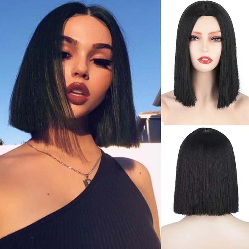 New Style Short Straight Hair with Middle Parting, Cute Bob Hairstyle, Heat-Resistant Synthetic Wig, Fashionable and Natural-Looking Realistic Synthetic Fiber Hairpiece