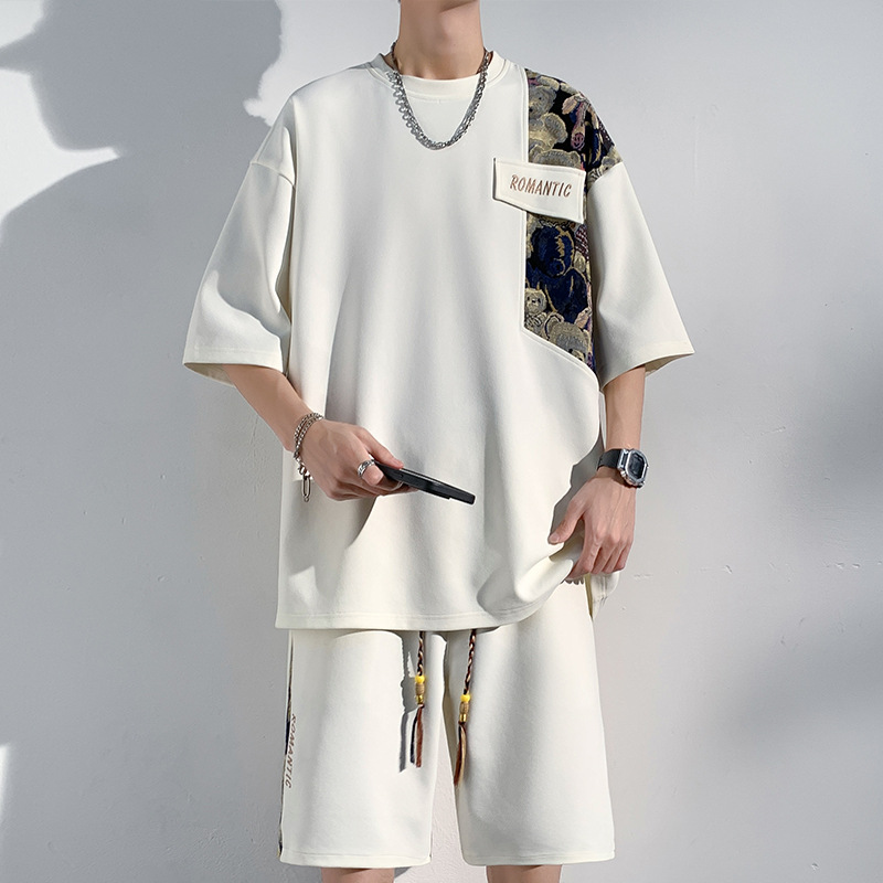 Ensemble short à manches courtes pour homme, style chinois tendance été, patchwork, coupe ample et amincissante, grandes tailles, sport décontracté_voghion.com
