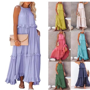 European and American 2023 New Summer Vacation Style Ruffled Long Dress Amazon Large Swing Elegant Beach Dress for Women