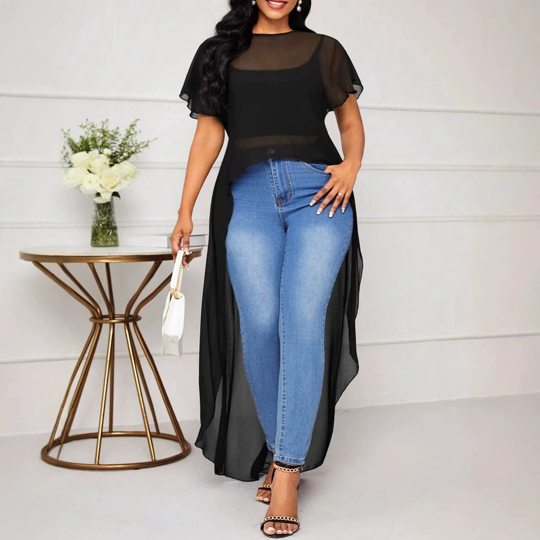 Европейские и американские топы больших размеров для женщин, короткие спереди и длинные сзади, весенне-летние короткие рукава с круглым вырезом, новая свободная праздничная повседневная женская одежда.