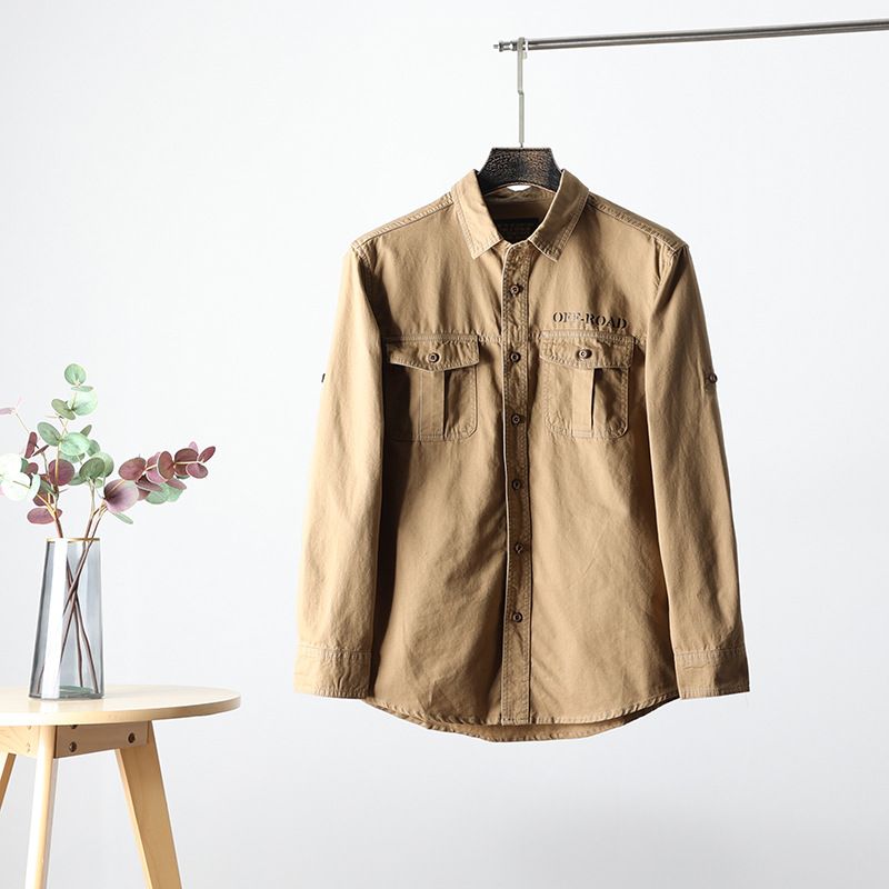Primavera y verano estilo japonés de moda retro camisa de hombre herramientas sueltas casuales en la parte superior de la camisa de manga larga