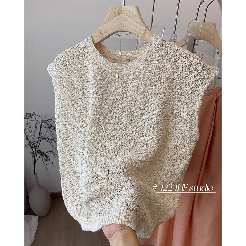 CHAO class recommend! apricot Tencel Linen Hollow-out Knitted Vest Women's 2024 Summer Round Neck Outer Wear Top