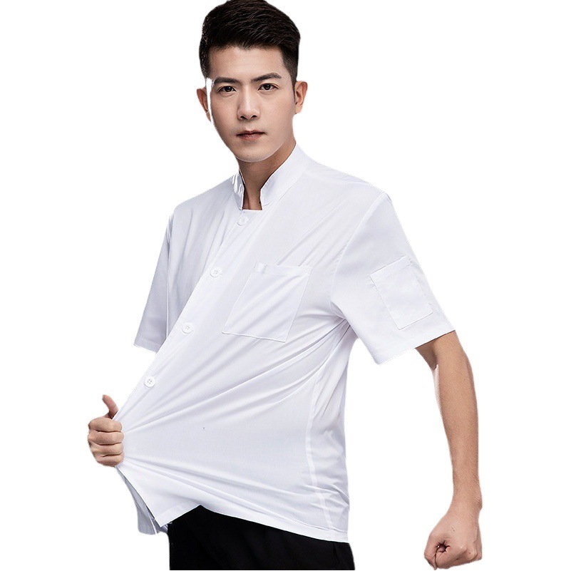 Ropa de trabajo de chef de algodón elástico para hombres de manga corta, estilo fino de verano, transpirable, ropa de cocina de hotel de alta gama después del comedor