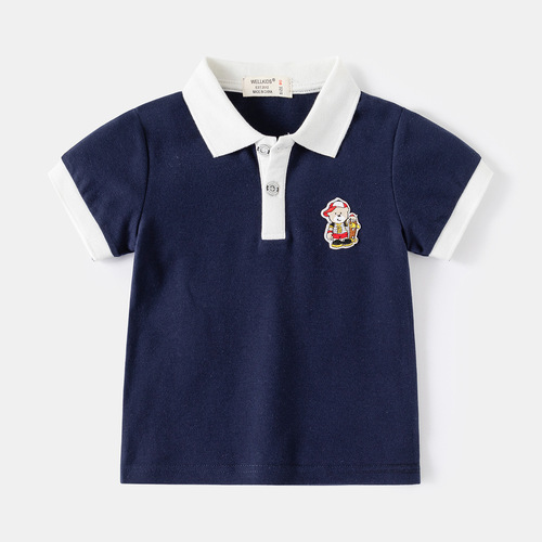 Children's Short Sleeve T-shirt 2024 Summer Korean Style Kids' Clothing Boy's Color-blocked Sleeve Short Sleeve POLO Shirt Baby Cartoon Top