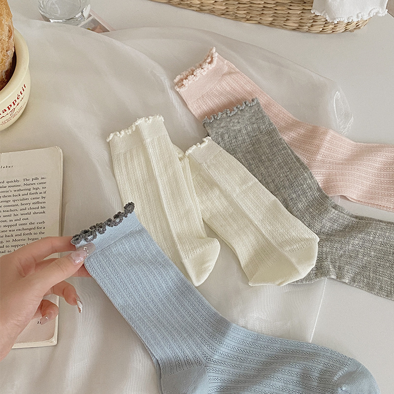 Spring and Summer Thin Lace Socks for Girls, Korean Style Ins Japanese Style Solid Color Hollow Mesh Sweet Breathable Mid-Calf Socks Spring and Summer Thin Lace Socks for Girls, Korean Style Ins Japanese Style Solid Color Hollow Mesh Sweet Breathable Mid-Calf Socks