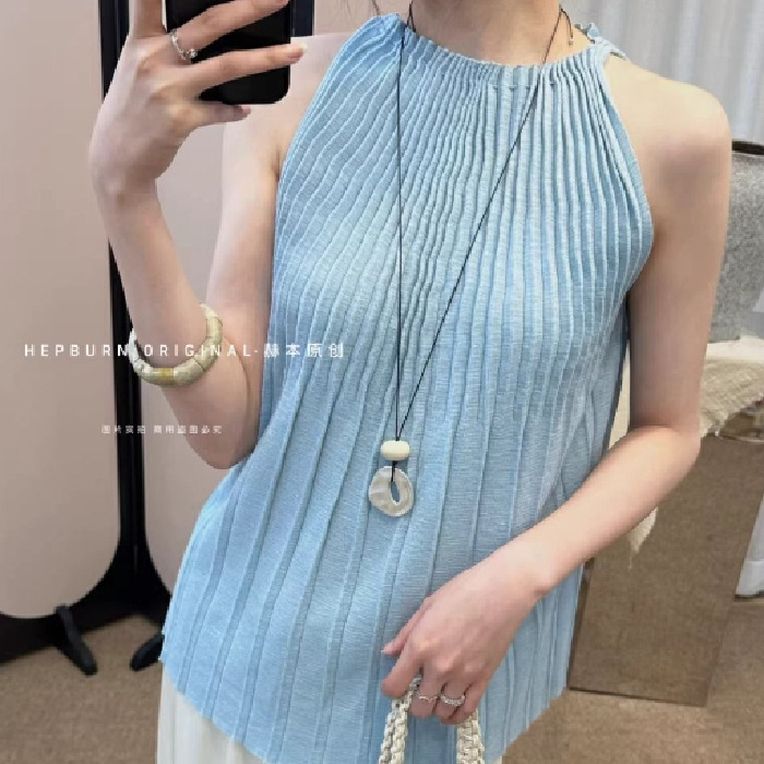 クロスボーダーヘップバーンプリーツホルターネックトップ女性の夏フレンチデザインニッチ気質ルーズノースリーブベスト痩身|undefined