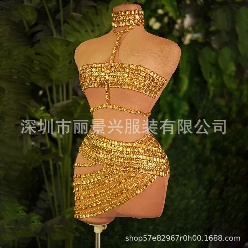 Halter Neck Gold Chain Design Sexy Evening Clothing Birthday Banquet Stage Show Bar Night Show Disco Clothing