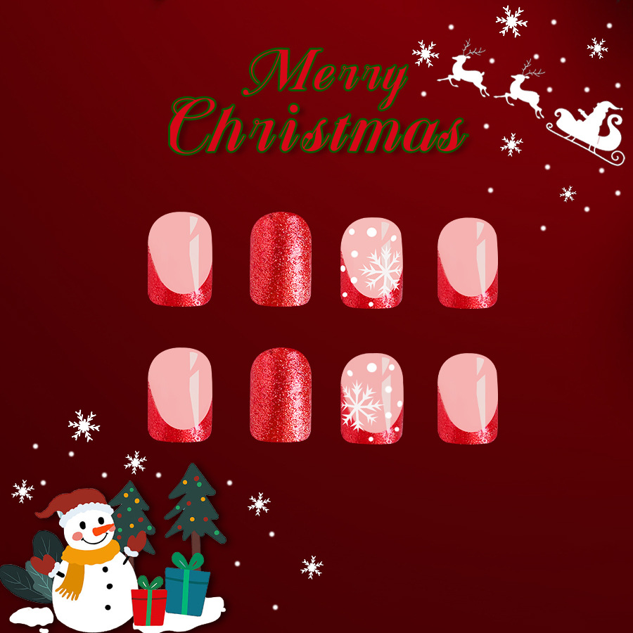 Short Glossy Square Armor 2024 New Christmas Glitter Snowflake Big Red French Nail Art Patch 24_voghion.com