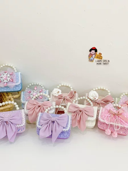 Autumn and Winter Korean Style Bow Camellia Kidsren's Bag Pearl Satchel Lace Kindergarten Girl Crossbody Bag