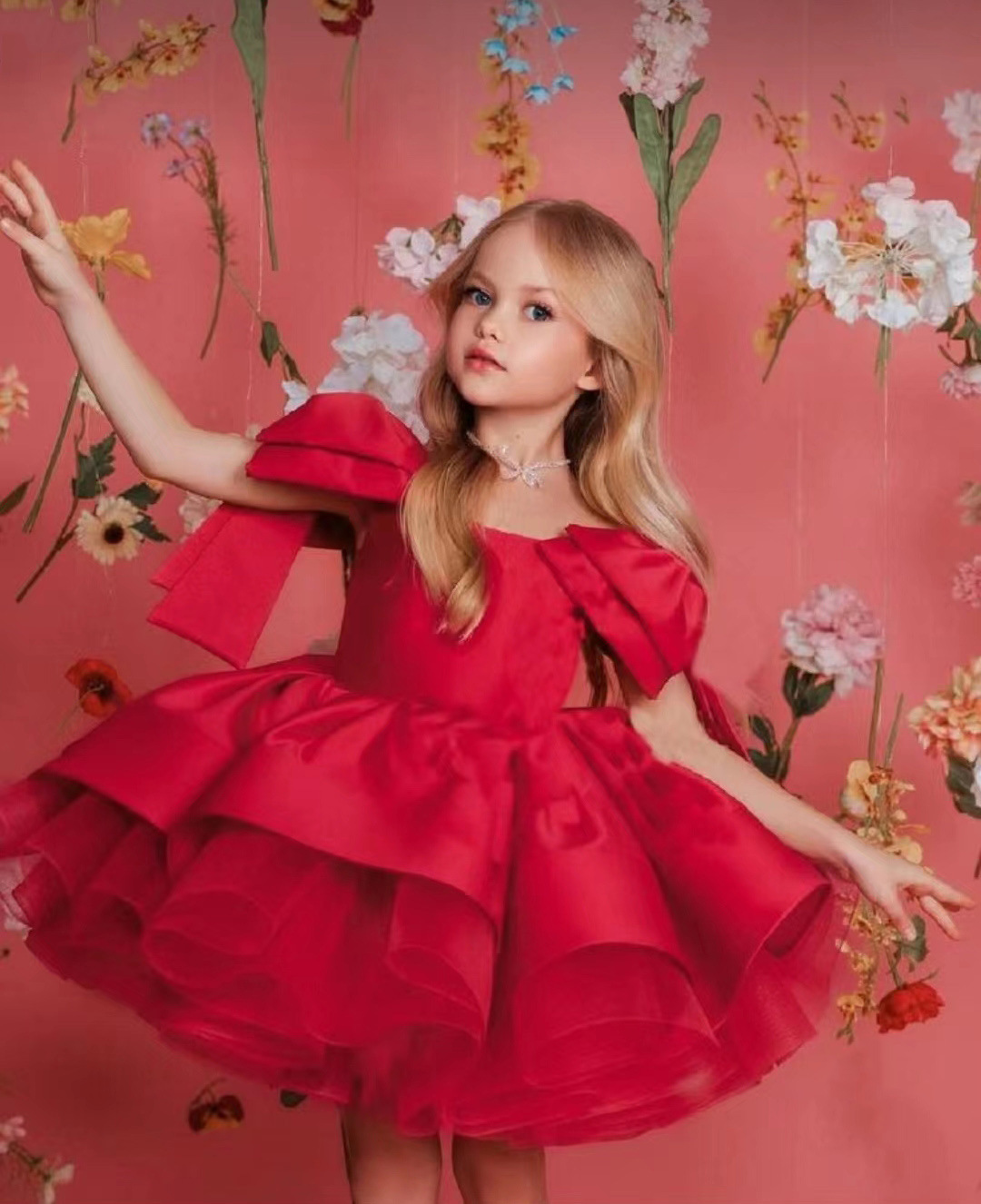 Pre-sale Girls Bow Sleeve Dress Puffy Mesh Princess Birthday Party Puff Sleeve Dress - 3