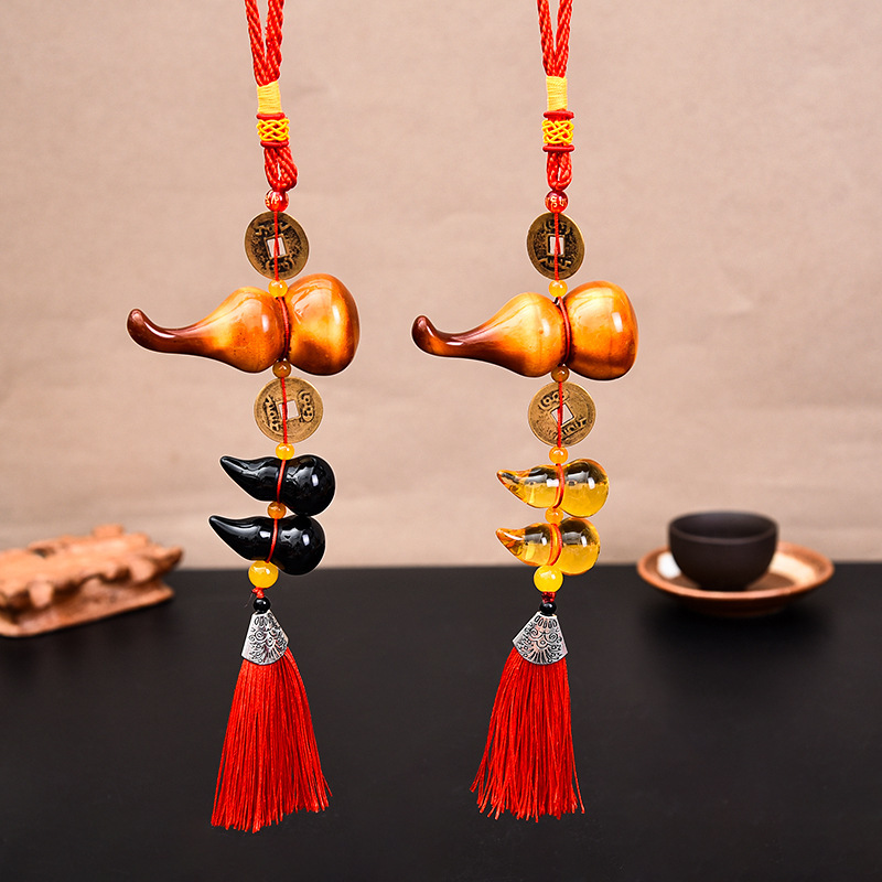 Five Emperors Money Gourd Car Ornament, High-End Imitation Wood Gourd Car Hanging Decoration for Rearview Mirror