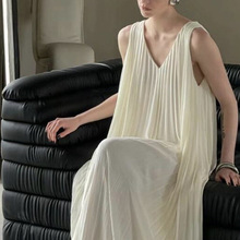 灵动白月光重工高定立体百褶长裙雪纺v领连衣裙女夏